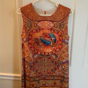 Sleeveless Orange Mosaic-Print Dress with Blue Accent